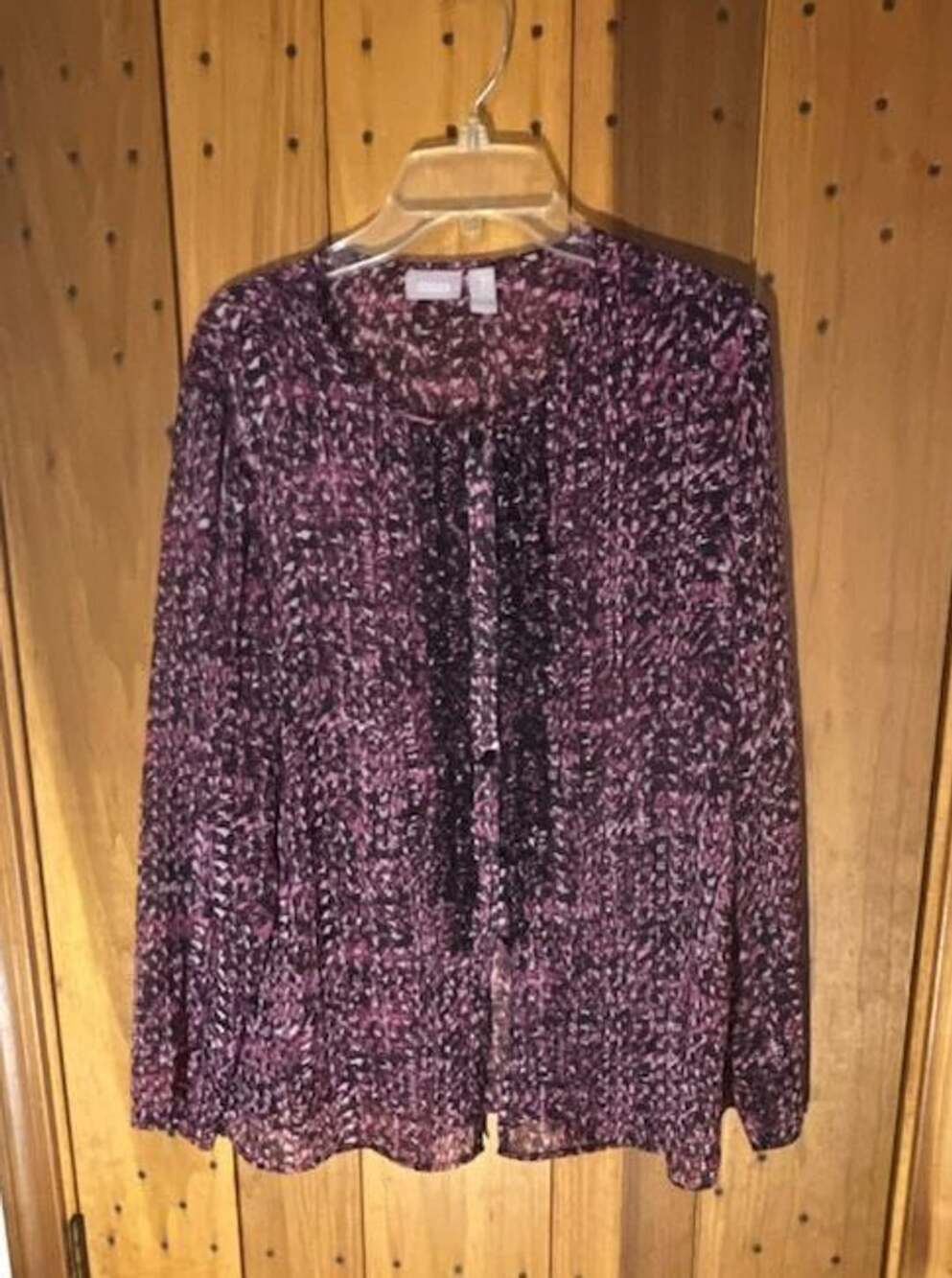Chico's Blouse Size 2 Purple Pink Printed Ruffle Trim Long Sleeve Top